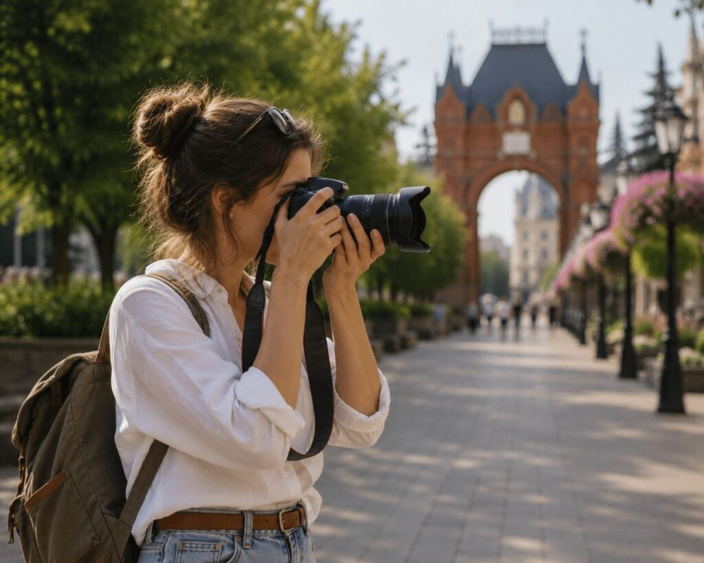 devushka s fotoapparatom Девушка с фотоаппаратом на прогулке